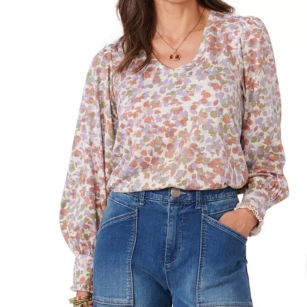 Democracy Long Sleeve Ruffle & Button Detail V-neck Multicolor - Picture 1 of 16